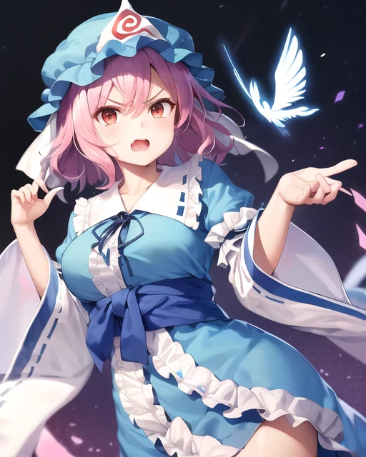 (masterpiece, best quality, high quality, highres, ultra-detailed), 1girl, solo, <lora:Yuyuko_TH7-000004:0.3>, saigyouji yuyuko, open mouth, pointing at viewer, (angry, frown:1.1)