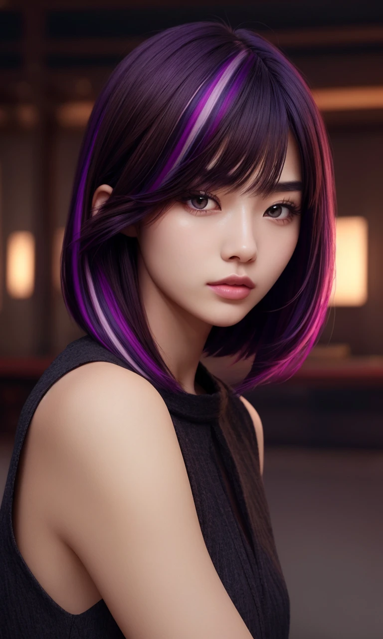 lbobh2024, 1 girl, best quality, masterpiece, photorealistic, raw image. cinematic lighting, long bob hairstyle, brown hair, purple streaked hair, asian, korean