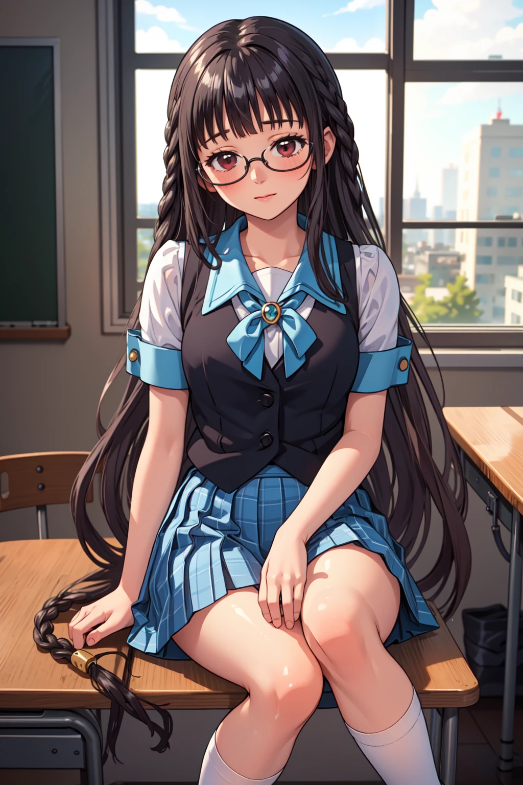 masterpiece, best quality, 1girl, <lora:Sakajo_Hikaru_v7:0.75>, classroom, sitting, shy, embarrassed, black hair, red eyes, blunt bangs, sailor collar, black vest, blue skirt, white socks, black loafers, glasses, very long hair, twin braids, blue sleeve cuffs, green ribbon, brooch, holding a book,