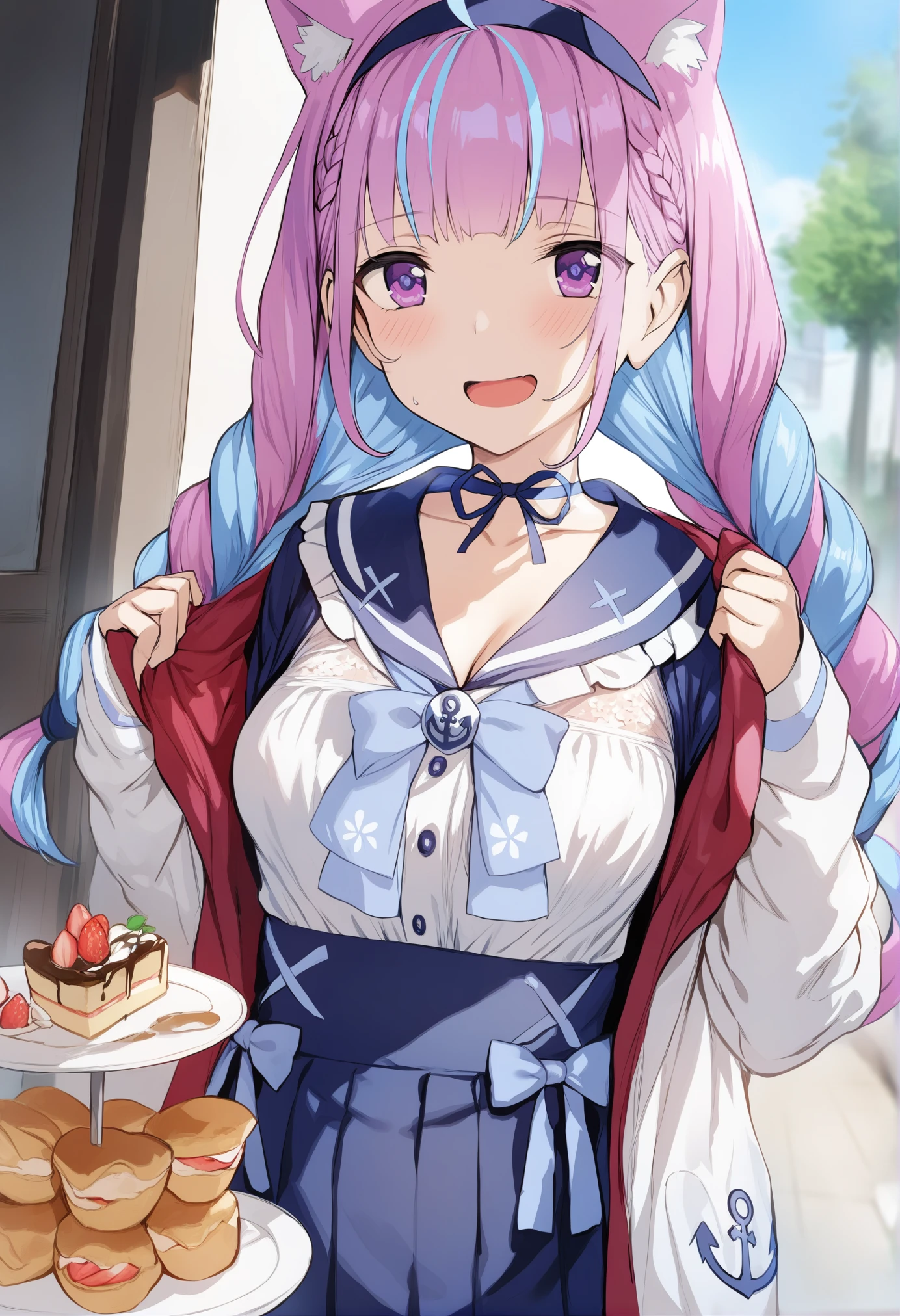 masterpiece, best quality, <lora:hewsXL_V1:1>
1girl, solo, minato aqua, virtual youtuber, multicolored hair, braid, animal ears, food, long hair, two-tone hair, smile, ahoge, open mouth, twin braids, breasts, hairband, purple eyes, cat ears, bow, long sleeves, bangs, blue skirt, blush, blue hair, looking at viewer, white jacket, blue hairband, crepe, blue bow, animal ear fluff, sailor collar, :d, skirt, medium breasts, open clothes, jacket, anchor symbol, food on face, twintails, sky, pink hair, blue sky, shirt, white shirt, high-waist skirt, purple hair, dress, collarbone, open jacket, ribbon, blue choker, choker, ribbon choker, streaked hair