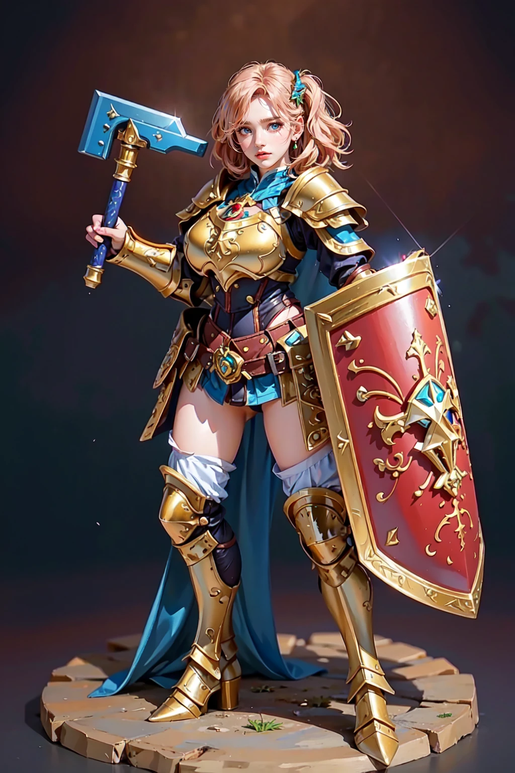 (masterpiece:1.2, best quality), (photorealistic:1.2, intricate details:1.2), Liberator_V1, solo, 1girl, armor, ((full body)), looking at viewer, full armor, greaves, breast plate, pauldrons, shoulder armor, full body, holding weapon, holding large shield, gauntlets, blush, simple background, huge tits <lora:Liberator_V1:0.3>