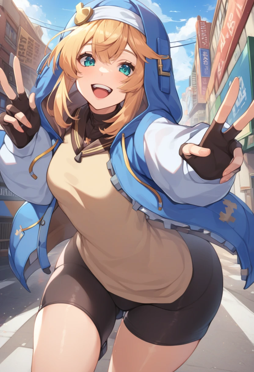 solo,  1girl,  ggsbridget,  :d,  teeth,  looking at viewer,  peace sign,  blue hooded jacket,  long sleeves,  black gloves,  fingerless gloves,  black skirt,  bike shorts,  outdoors,  city street,<lora:EMS-286197-EMS:1.000000>