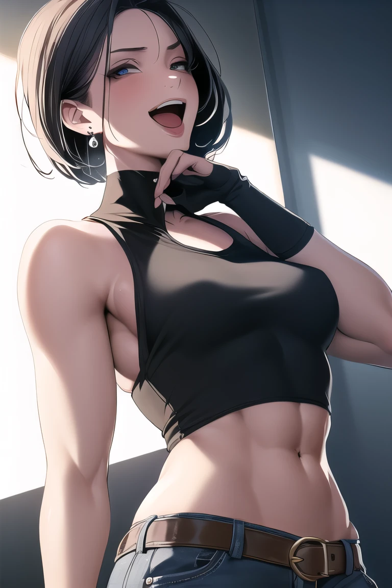 1girl,  solo,  looking at viewer,  smile,  short hair,  open mouth,  shirt,  black hair, ,  navel,  jewelry, earrings,  shorts,  teeth,  sleeveless,  midriff,  belt,  pants,  crop top,  black shirt,  muscular,  turtleneck,  abs,  backlighting,  toned,<lora:EMS-286153-EMS:0.800000>