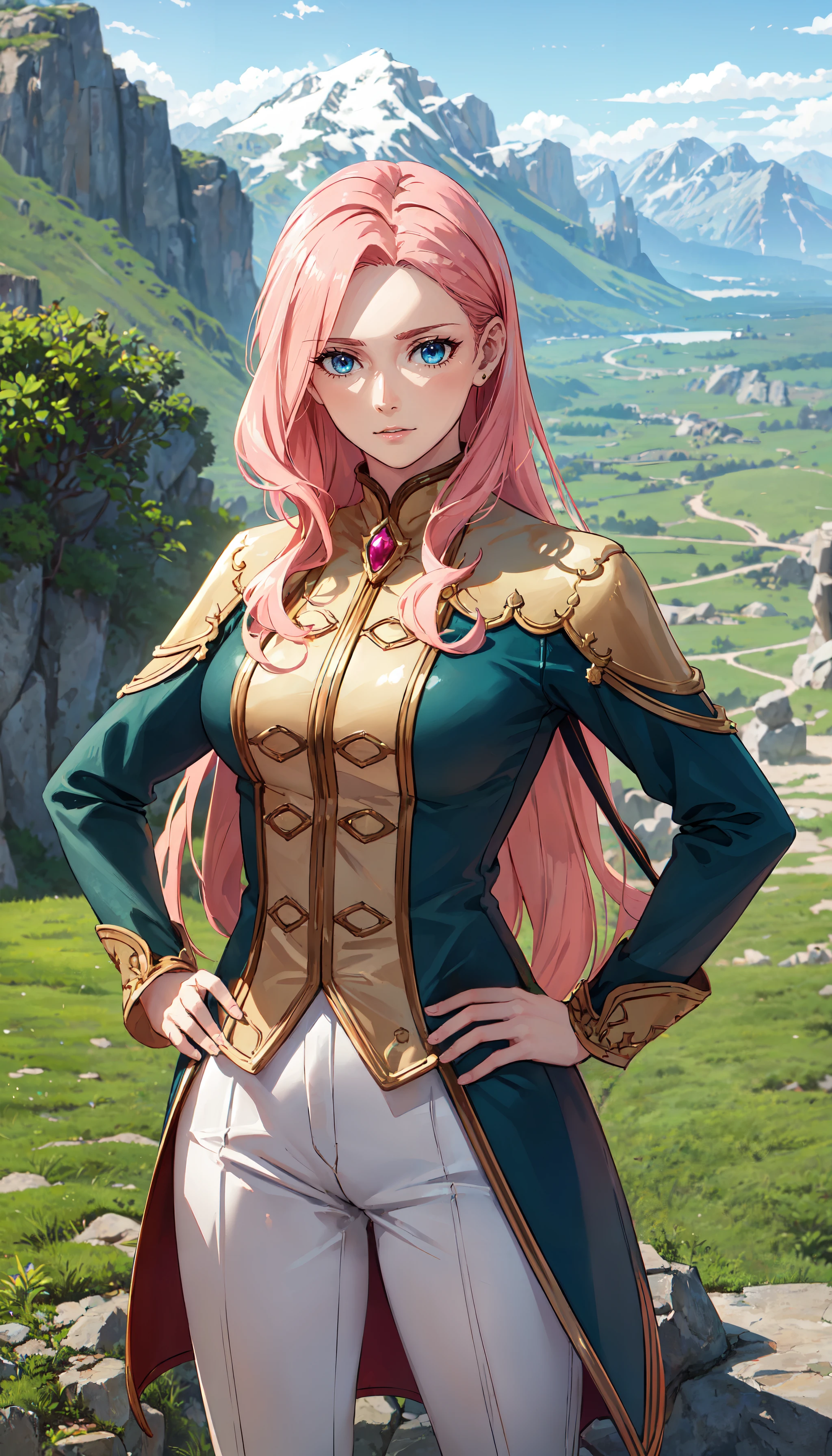photorealistic, (4k), depth of field, (Masterpiece), (realistic skin texture), extremely detailed, intricate, hyper detailed, professional photography, bokeh, high resolution, sharp detail, best quality, woman, long hair, pink hair, blue eyes, teal and gold military uniform, white pants, white pelt, <lora:GoodHands-beta2:1> , <lora:detail_slider_v4:0.8> , dynamic pose, (standing with hands on hips), <lora:Eclair Seaetoo-000004:0.7> , outdoors, mountain, rocky hills, stones, mountainous horizon,
