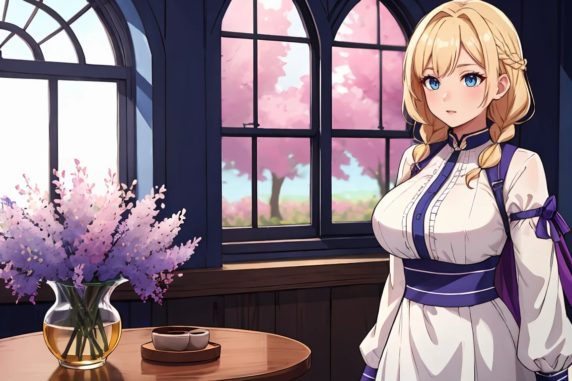 solo focus, masterpiece, 4k, best quality, highly detailed, glass vase, vase with lilacs, vase on table, braided hair, blonde hair, blue eyes, indoors,window, standing,mature female, large breasts, <lora:right side position:1.0>