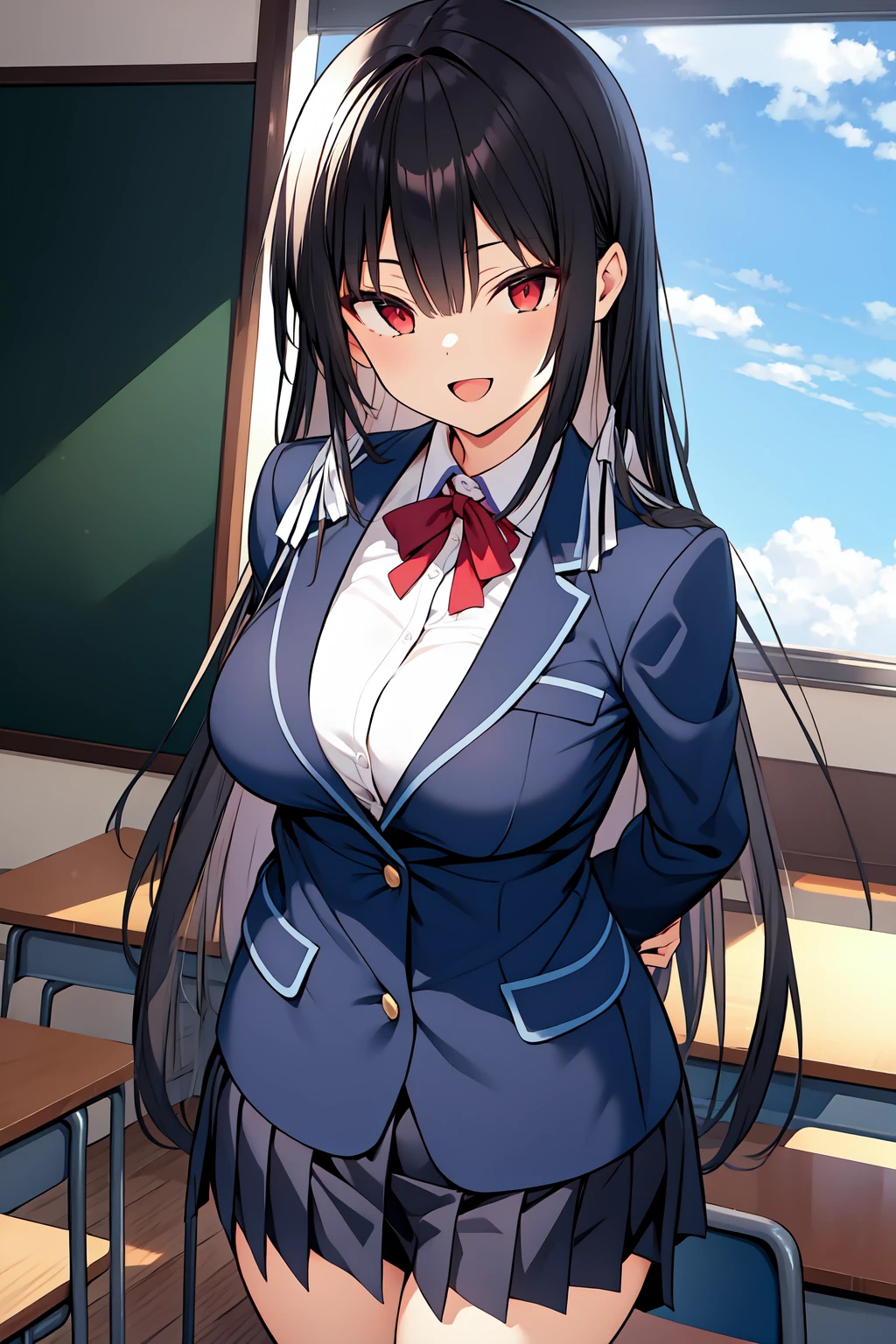 1girl, cowboy shot, classroom, smile, open mouth, 
takamine_takane, red eyes, black hair, long hair, hair ribbon, school uniform, jacket, blazer, long sleeves, pleated skirt,  <lora:takamine_takane_lora_ver2:0.8>, best quality, masterpiece, highres, <lora:GoodHands-vanilla:1>