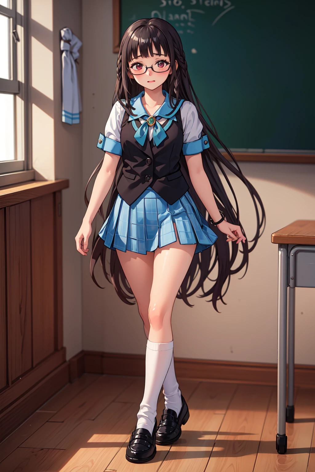 masterpiece, best quality, 1girl, solo, <lora:Sakajo_Hikaru_v7:0.75>, classroom, walking, full body, shy, embarrassed, black hair, red eyes, blunt bangs, sailor collar, black vest, blue skirt, white socks, glasses, (very long hair:1.5), twin braids, blue sleeve cuffs, green ribbon, brooch, plaid skirt, pleated skirt, black loafers,