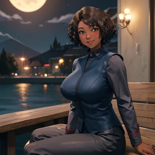 <lora:nyssa-13:0.6> 1girl, black hair, brown eyes, brown hair, curly hair, dark skin, looking at viewer, nyssa, short hair, solo, very dark skin, vest, nighttime, pier, resting cheek on hand, smiling, blushing, huge breasts, sitting on bench
