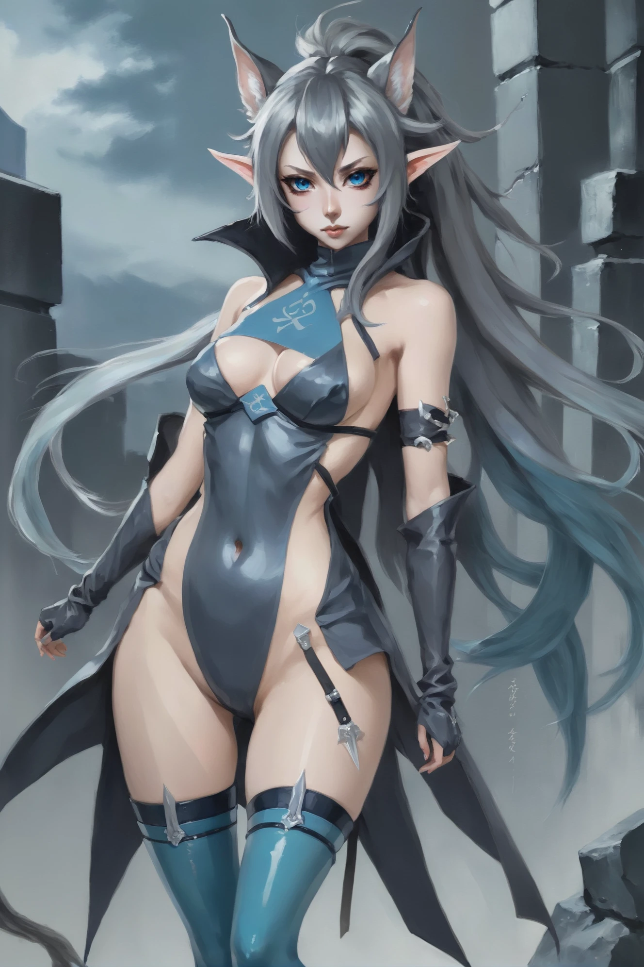 anime style, 1girl, woman, Japanese shinobi lord villainess, latex, thighhighs, kitsune mask, daggers, bombshell hair, slate gray hair with azure highlights, Tousled Hair, small breasts, narrow waist, sexy thicc toned perfect hourglass figure,skindentation, caucasian, elf, Extreme Temperature Variances Zone<lora:EnvyElfXL02:1>