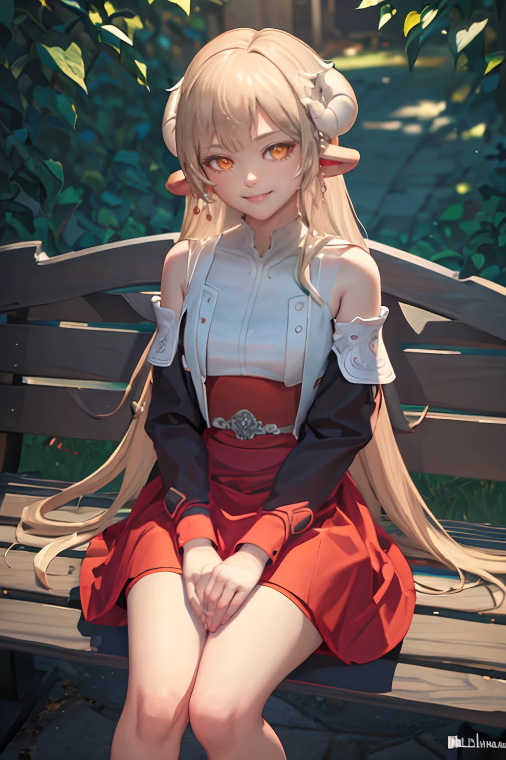ultra detailed, sharp focus, best quality, masterpiece, colorful, high contrast, dynamic lighting, intricate details, 1girl, red dress, looking the viewer <lora:NSLaraMaplestory:1> NSLaraMaplestory, sitting, bench, park, smile