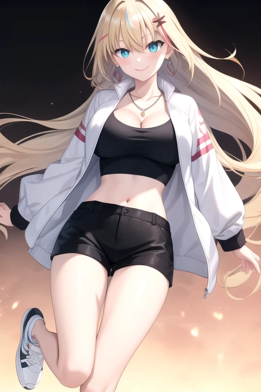 ((masterpiece)),(best quality),official art,extremely detailed CG,unity 8k wallpaper,ultra detailed,beautiful detailed eyes,extremely detailed face,1girl,solo,cowboy shot,looking at viewer,facing viewer,smile,rinkou ashelia,floating hair,long hair,blonde hair,streaked hair,hair between eyes,bangs,earrings,aqua eyes,collarbone,cleavage,jewelry,necklace,large breasts,white jacket,long sleeves,crop top,black shirt,midriff,open jacket,navel,black shorts,bare legs,sneakers,white footwear,<lora:Rinkou Ashelia(pc)>,