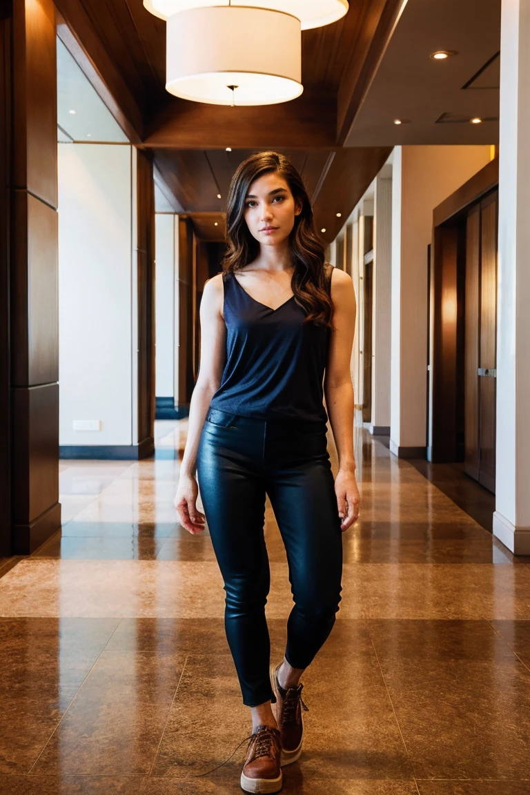 emilywillis <lora:emilywillis:0.9>, ,a woman wearing tunic top and jeggings, boutique hotel lobby, (low key lighting:0.5)