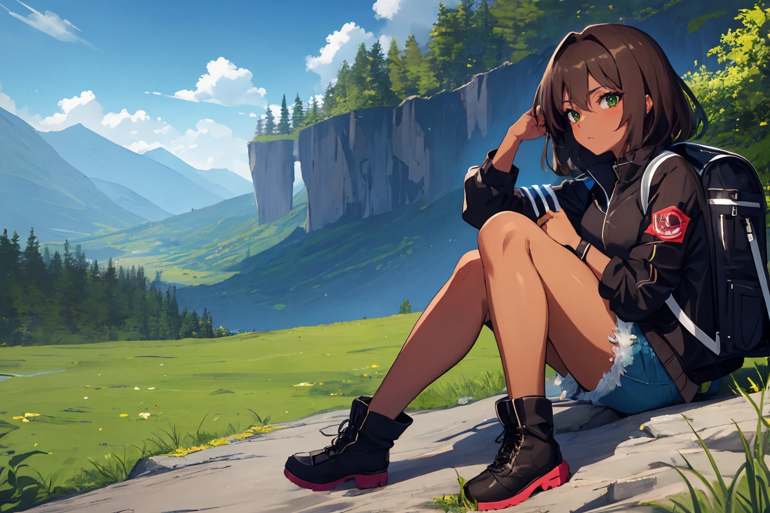 solo focus, masterpiece, 4k, best quality, highly detailed,1girl,mature female,(dark skin:1.2),(dark-skinned female:1.2), medium hair, brown hair, green eyes, backpack, shorts, black jacket, hiking boots, grassy mountains,forest, outdoors, sitting on cliff <lora:right side position:1>