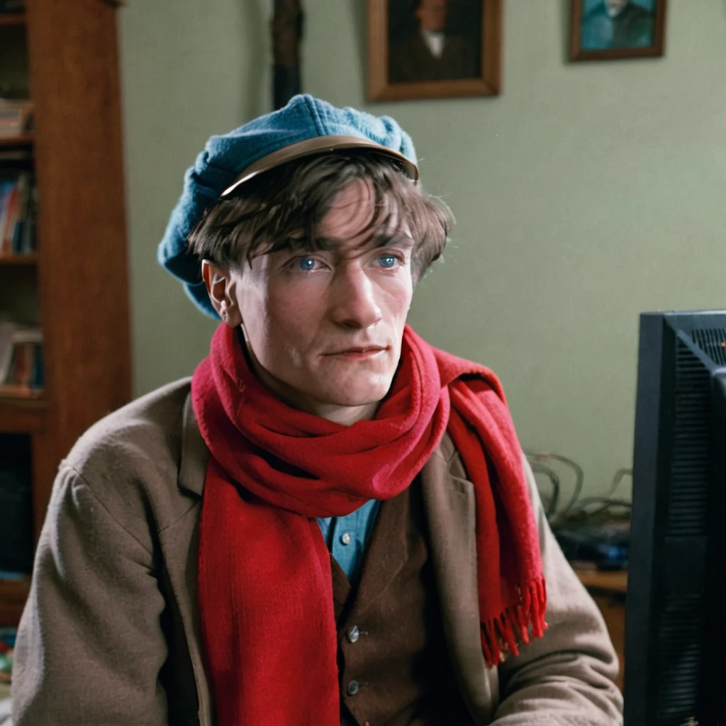photo of artaud wearing a hat and red scarf gaming in his room, playing video games in his computer, <lora:Antoine_Artaud_Lora_XL_v1:1>