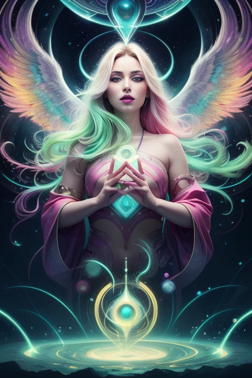 Intricate details, many colorful, psychedelic art, trippy, Heaven and hell, battle, full objects show, candy, rainbow, beautiful face
