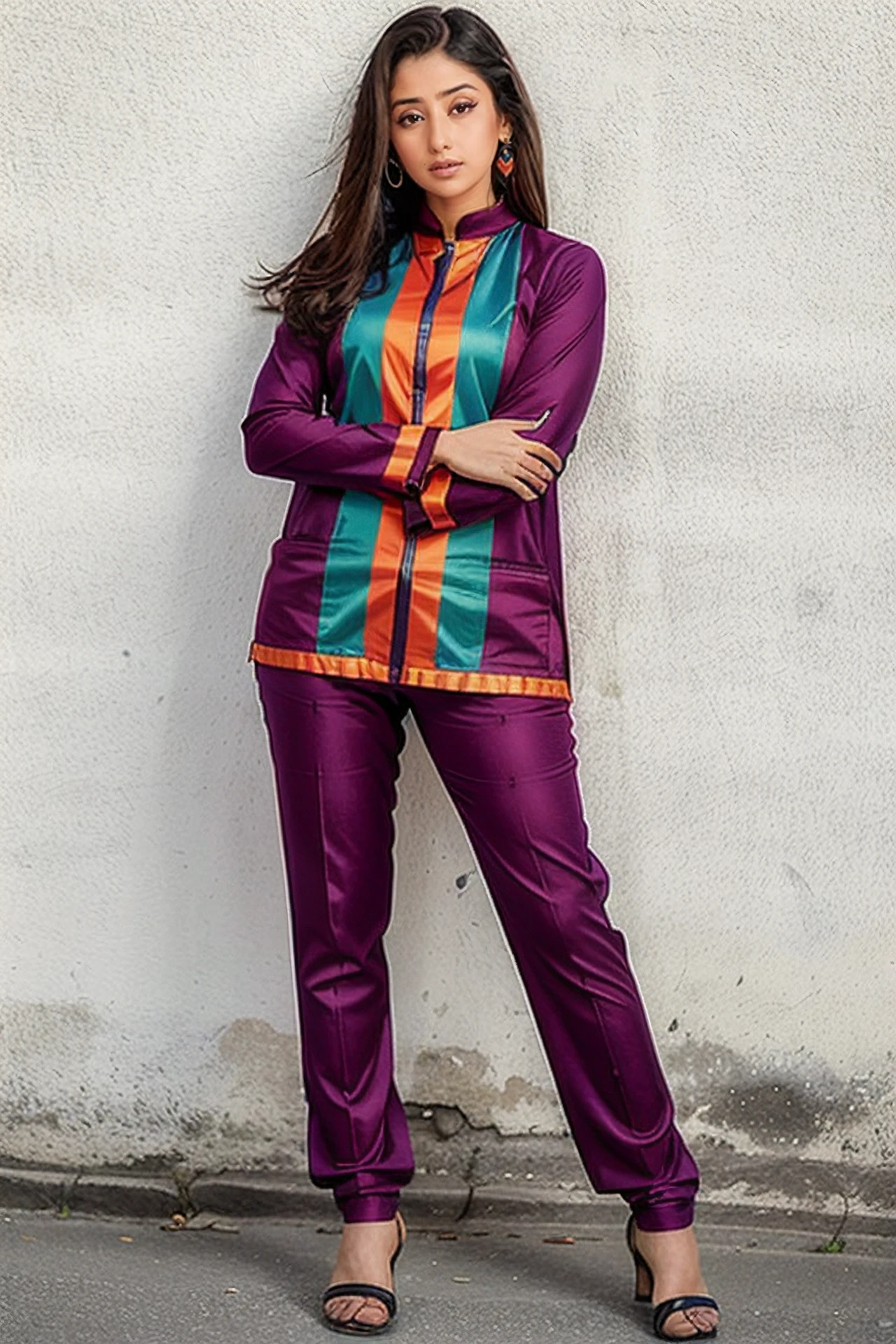 high quality fashion photography, photo of a koir woman wearing colorful high-neck Patiala Suit, looking at camera, anatomically correct, parking lot background <lora:koir_Manisha_Koirala_SD15_LoRA_AdamW_local_20imgs:0.8>
