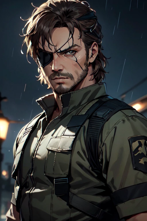 (1 image only),  solo male,  1boy,  Big Boss,  Metal Gear Solid,  bslue eyes,  brown hair,  facial hair,  (eyepatch,  grey headband),  sneaking suit,  handsome,  mature,  charming,  alluring,  upper body in frame,  perfect anatomy,  perfect proportions,  8k,  HQ,  (best quality:1.2,  hyperrealistic:1.2,  photorealistic:1.2,  masterpiece:1.3,  madly detailed photo:1.2),  (hyper-realistic lifelike texture:1.2,  realistic eyes:1.2),  high_resolution,  perfect eye pupil,  dutch angle,  dynamic,  action,  raining,  night,<lora:EMS-498-EMS:0.200000>,<lora:EMS-287113-EMS:0.700000>