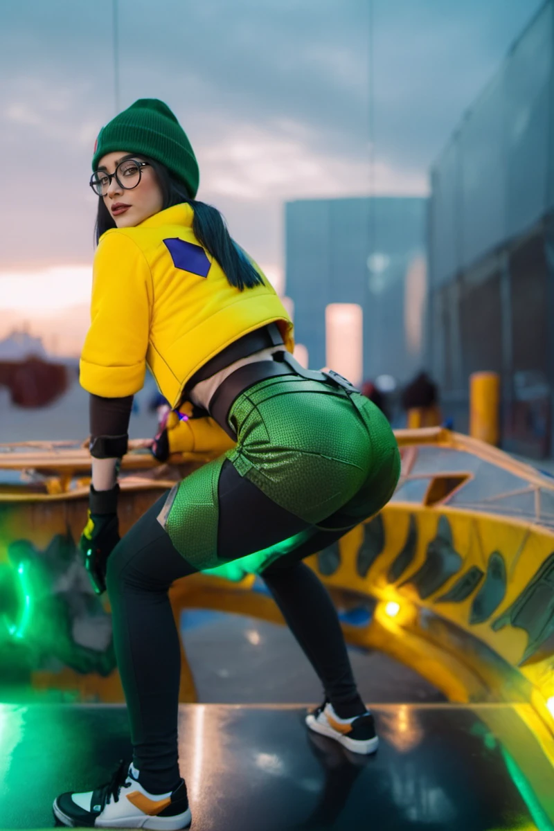 a woman, yellow jacket, green beanie, futuristic background <lora:Killjoy1024:0.8>