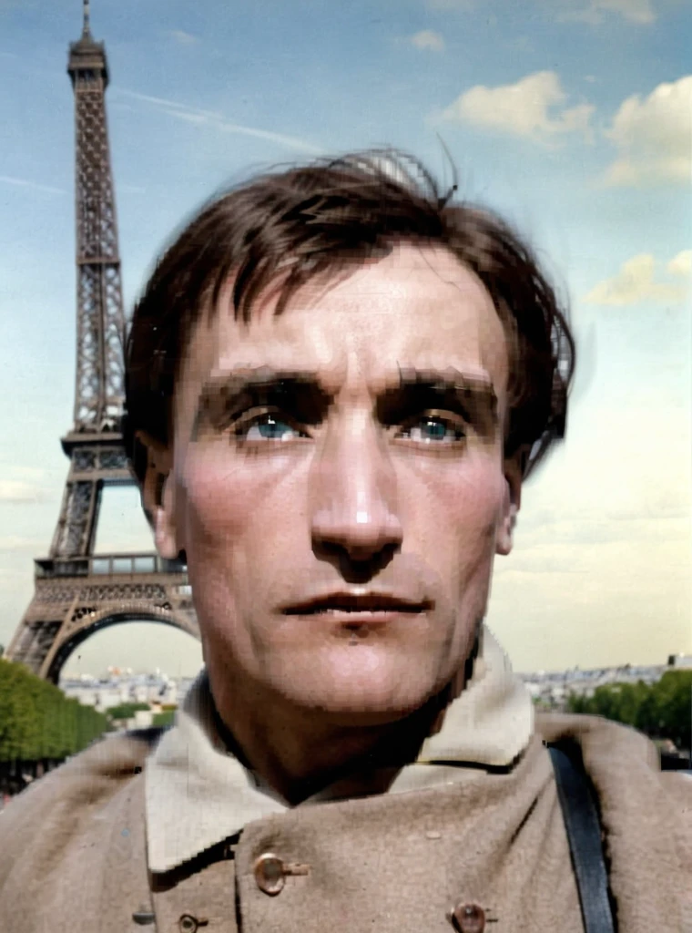 portrait of artaud standing in paris, eiffel tower on the background, <lora:Antoine_Artaud_Lora_XL_v2:1>