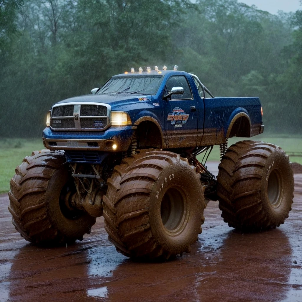 a cinematic photo of a monster truck in the rain <lora:BasicMonsterTruckXL:1>