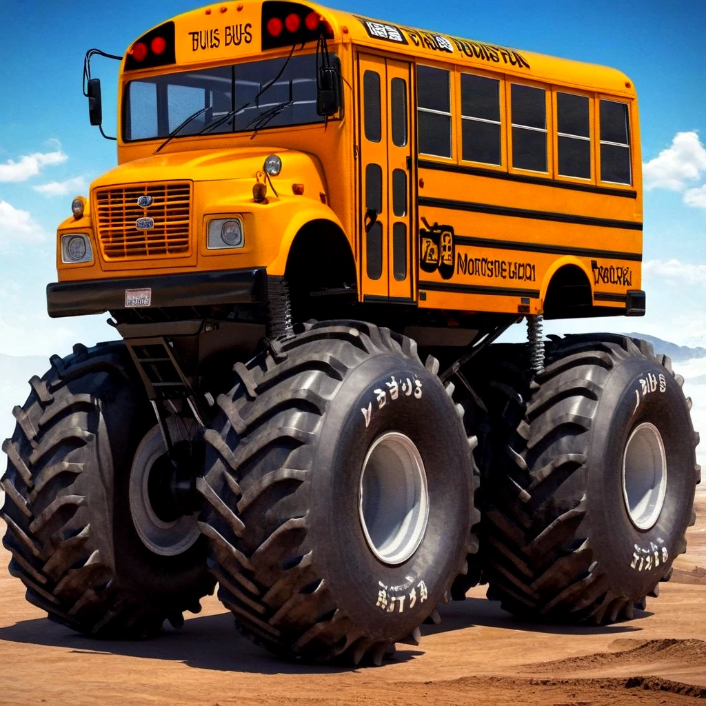 anime style picture of a bus as a monster truck with very large wheels<lora:BasicMonsterTruckXL:1>