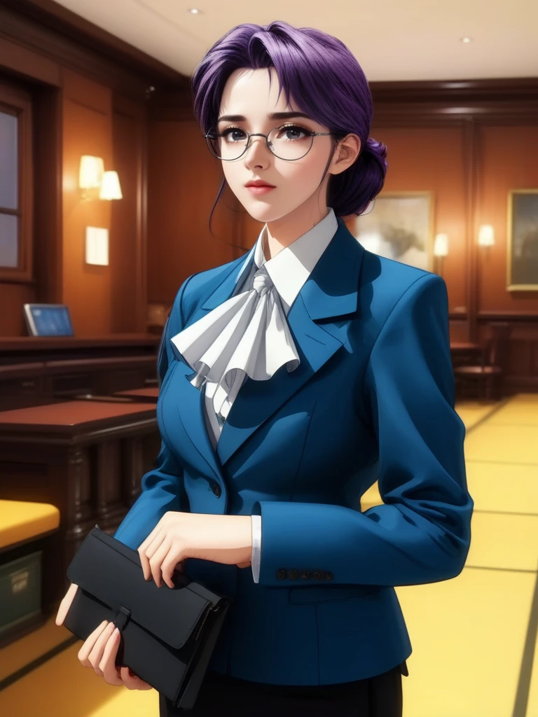 <lora:sdxl_lora_minami_ayaka:1><lora:add-detail-xl:1>
blue jacket,collared shirt,long sleeves, Black suit skirt,white ascot,purple hair,high heels,glasses
official art,extremely detailed CG unity 8k wallpaper, perfect lighting,Colorful, Bright_Front_face_Lighting, (masterpiece:1.0),(best_quality:1.0), ultra high res,4K,ultra-detailed, photography, 8K, HDR, highres, absurdres:1.2, Kodak portra 400, film grain, blurry background, bokeh:1.2, lens flare