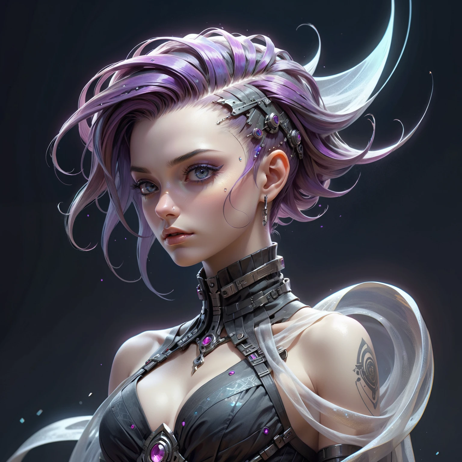 neonpunk style Gothic style neonpunk style best quality,Epic,highly detail,Illustration,Cover,enigmatic figure,draped in translucent fabric,crystals adorning hair,dreamlike swirl,pastel hues,soft light,evoking calm serenity and elusive beauty,Non-representational,colors and shapes,expression of feelings,imaginative,highly detailed,. cyberpunk, . Dark . cyberpunk