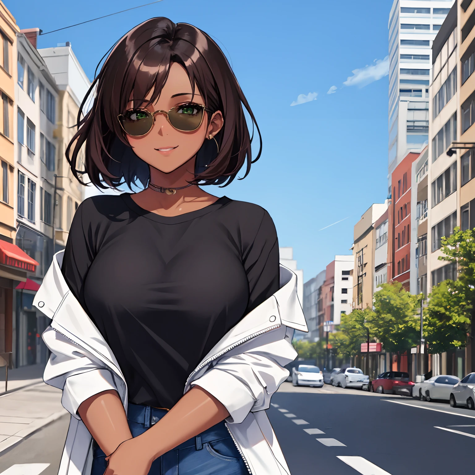 solo focus, masterpiece, 4k, best quality, highly detailed,1girl,mature female,(dark skin:1.2),(dark-skinned female:1.2), medium hair, brown hair, green eyes,  upper body,  jacket, t-shirt, pants, sunglasses, city, street, beautiful smile, cute lips <lora:left side position:1>