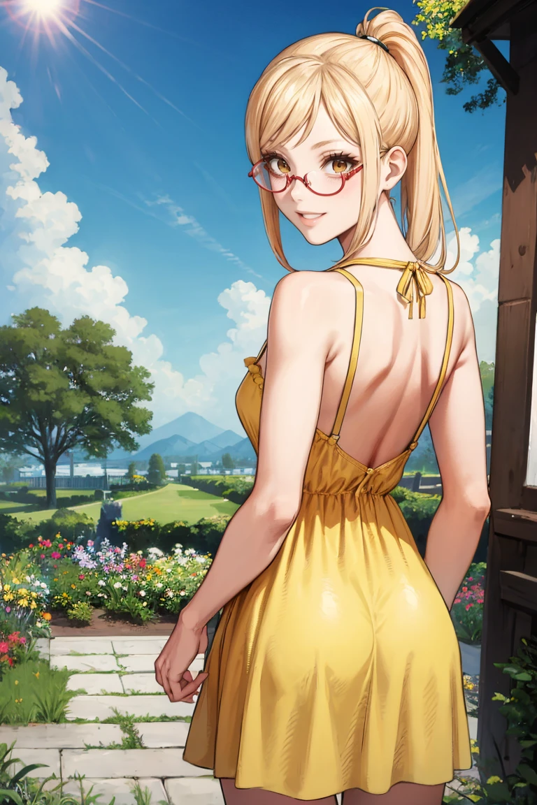 masterpiece, best quality, absurdres, KaedeAkiyama, long hair, ponytail, glasses, from behind, (yellow sundress), garden, day, sunshine, smile, looking back, <lora:KaedeAkiyama:1>