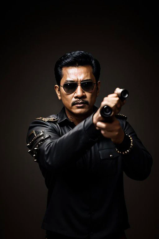 Movie poster Indonesia commando, hand some man, medium dark hair, sunglasses, with big gun in hand, black clothes, rivets, explosions, cars, planes, just one body