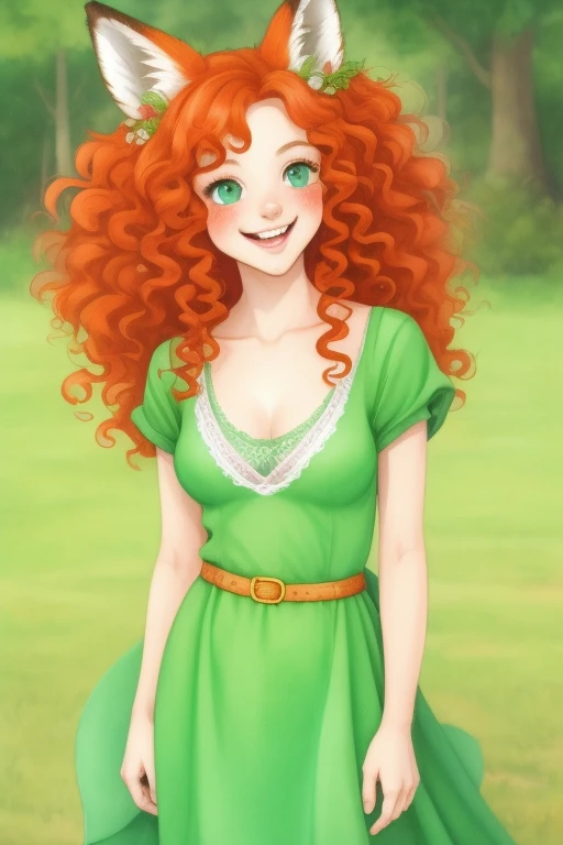 masterpiece, best quality, masterpiece, adult, girl, realistic fox ears , ((long)) red curly hair, bright green eyes, realistic, barefoot, flat chest, happy smile, bright green dress, full height portrait, masterpiece, artstation, high resolution, detailed