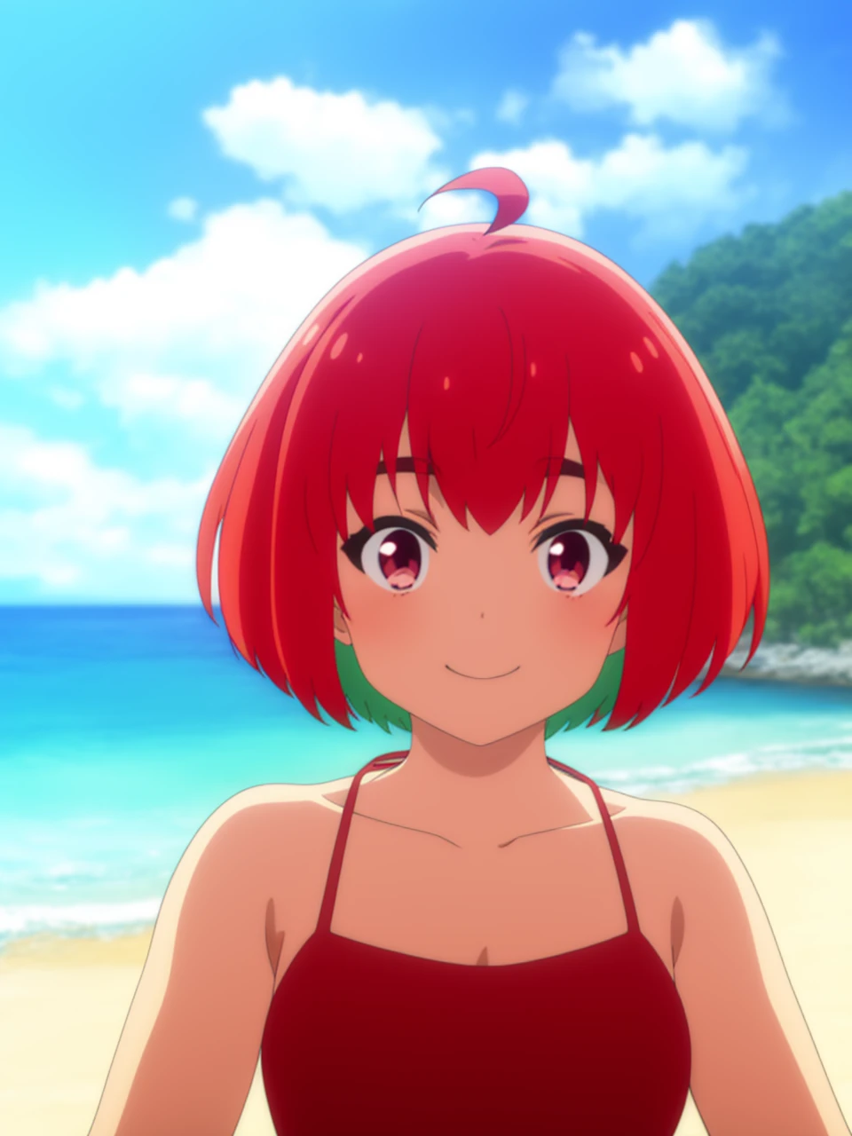 masterpiece, best quality,
 <lora:kana fujii s1-lora-nochekaiser:0.8> kana fujii, short hair, bangs, (red eyes:1.3), ahoge, red hair, multicolored hair, green hair, two-tone hair, thick eyebrows
smile,happy,
bikini, swimsuit, 
beach, blue sky, ocean,