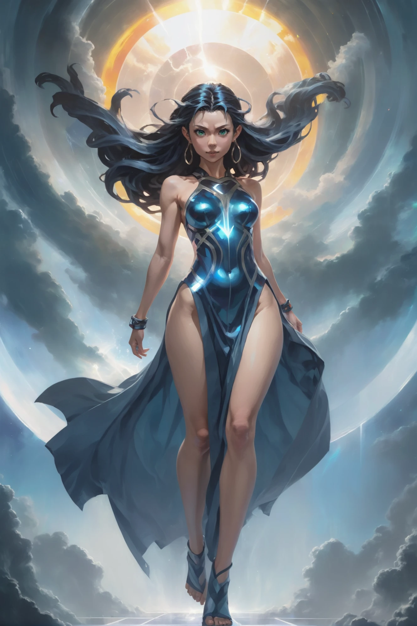 1girl, woman, (solar evening thor:1.3), darkolivegreen eyes, pose, cameltoe,glowing eyes,spread legs, (long dress, clothes lift:1.2) [:colorful, skimpy costume design:0.2], bombshell hair, shimmering dark color:darkslateblue hair, short bombshell hair, thicc body, wide hips, narrow waist, medium breasts, japanese<lora:EnvyDramaticPortraitXL01:1.5>