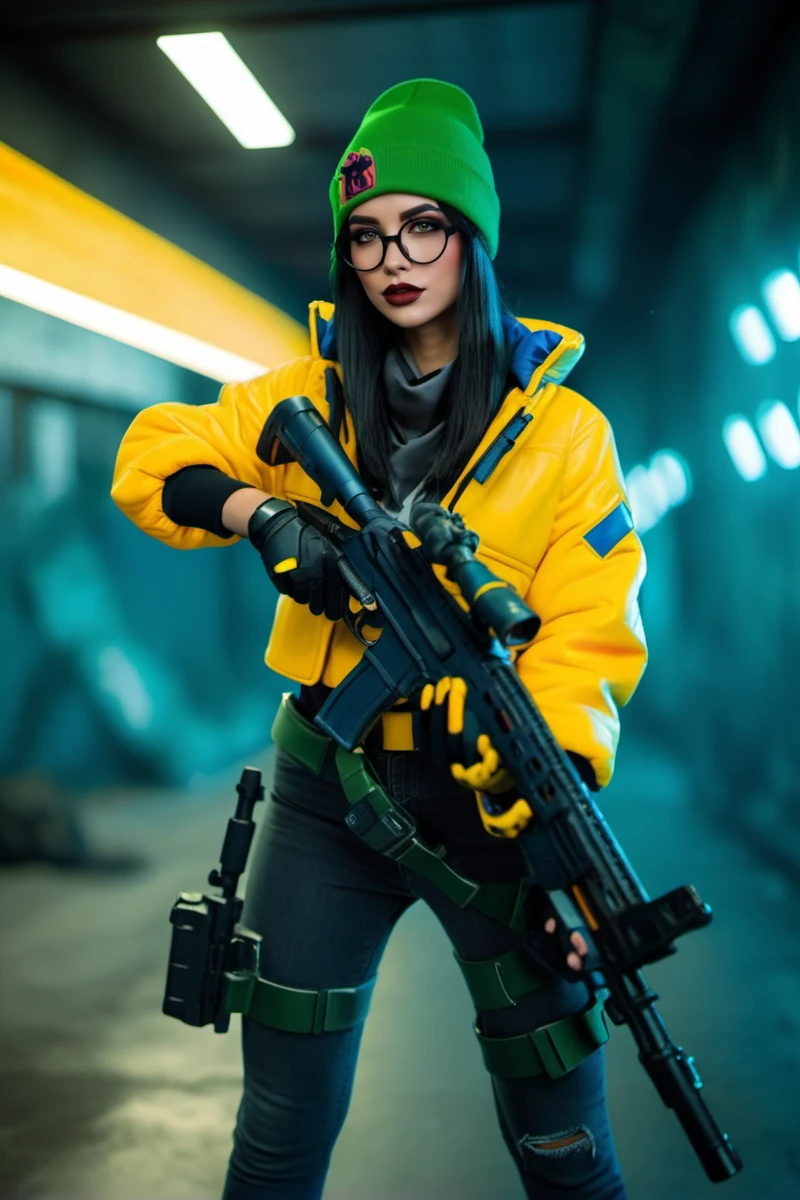 cinematic photo a woman, yellow jacket, green beanie, full body, holding a sniper rifle, futuristic background <lora:Killjoy1024:0.8> . 35mm photograph, film, bokeh, professional, 4k, highly detailed