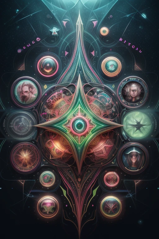 ICON COLLECTION OF ORACLES, in the style of artfully oracle,geometric abstraction,futurist illusionism,living at the edge of the future digitally geometric and the past fantasy spirit world,
masterpiece,liquid graphite,watercolor,ink fineliners,markers,hand drawn illustration,pastels,fading in and out of reality for divination,best quality absurd resolution unreal engine 5,uhd,highres,colorful,Magic Vortex,dreamlike,
lime green,neon green,pastel pink,bone white,
<lora:artfullyoracle-v1 (1):0.4>,