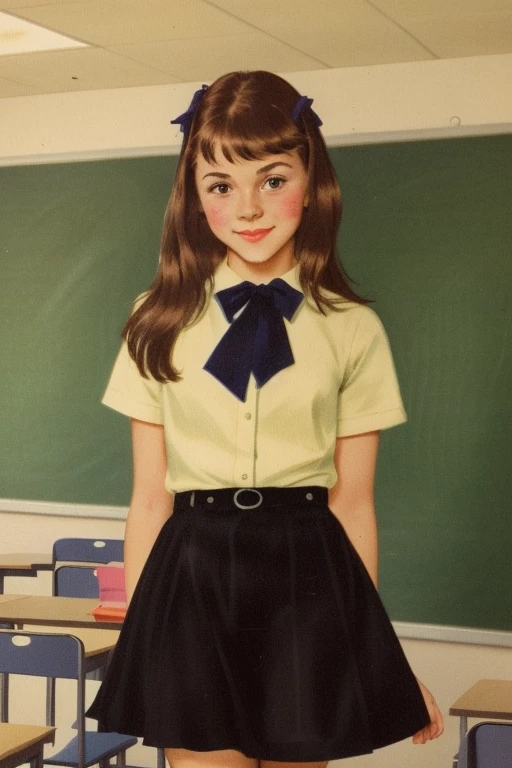 a 10 years old girl(maria), sitting on the chair, in the class, she face her front, holding her pencil, happy listening, have a long and curly hair, 