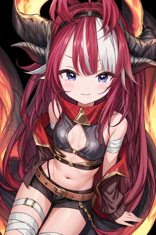saya, 1girl, dragon tail, dragon horns, horns, animal ears, bangs, blush, eyebrows visible through hair, eyewear on head, eyewear on headwear, fang, goggles, goggles on head, goggles on headwear, long hair, looking at viewer, multicolored hair, purple and blue eyes, red hair, smile, solo, goggles, one bandaged leg, belt, short black skirt, big eyes, (black crop top), short, open shoulders,jacket partially on, navel, jacket hanging, oversized sleeves, small breasts, (upper body),
<lora:add_detail:1>, <lora:hyperrefiner_v090:1>, <lora:SAYA-PC-V2_1-000004:0.8>