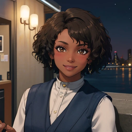 <lora:nyssa-13:0.5> 1girl, black hair, brown eyes, brown hair, curly hair, dark skin, looking at viewer, nyssa, short hair, solo, very dark skin, vest, nighttime, pier, resting cheek on hand, smiling, blushing,