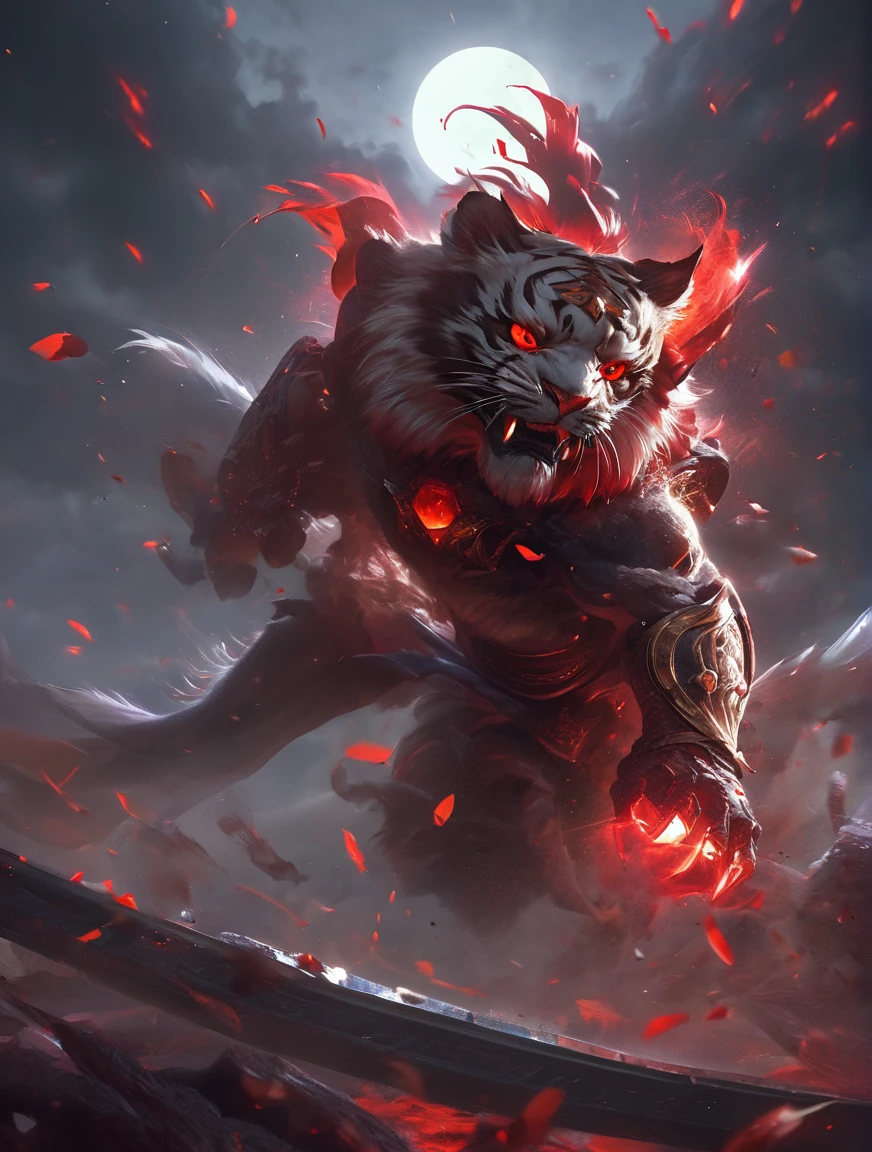 absolutelly epic and ominous masked tiger,animal,protected by raging vortex of glowing shards of destruction,heavy armor ,cinematic,trending,awardwinning,8k,bldmoon,cloudy sky,oriental,full moon,red glowing eyes,<lora:bloodmoonXL-step00000250:0.6>,zhelong zhu,aleksi briclot,ryan hewett,octane render,unreal engine 5,ray tracing,trending on artstation,splash art,official art