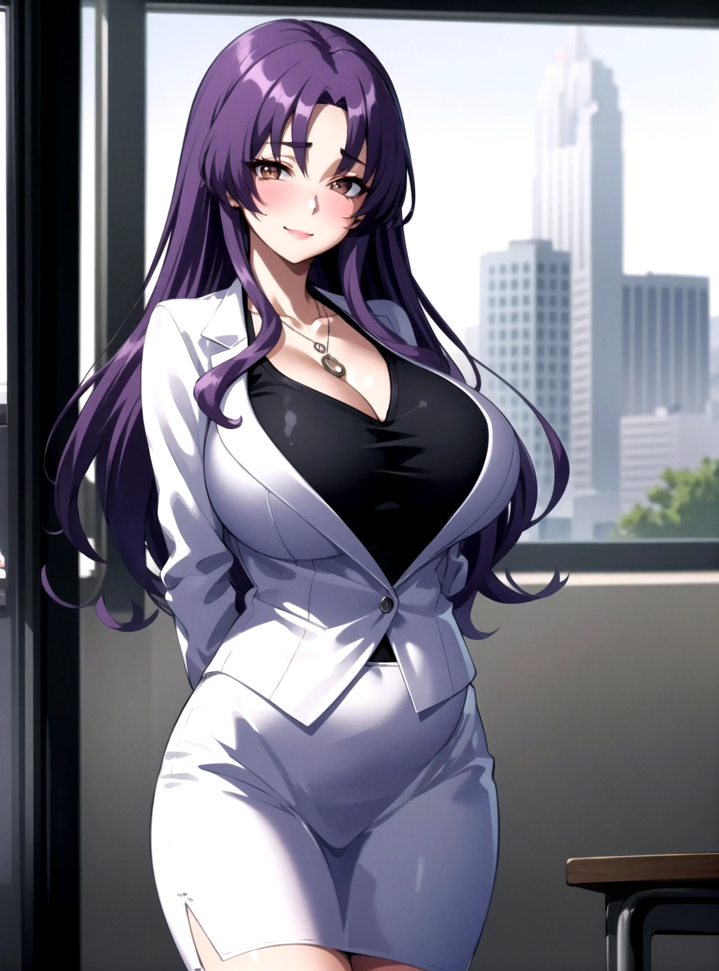 (1girl:1.5),(Best quality,4K,8K,A high resolution,tmasterpiece:1.2),ultra - detailed,(actual,photoactual,photo-actual:1.37),bekat,sliver long hair,girl with Redlip,girl in suit jacket,girl in elegant clothing,Redlip,Perfect application for lipstick,(beautidful eyes:1.4),(white shirt:1.5),silber hair,a purple eye,light smile,Happy expression,highlydetailed skin,Stunning face,Long eyelashes,black eyeliner,a work of art,(Black belt:1.2),white shirt,Dangle earrings,(regular suit:1.2),Full body lesbian