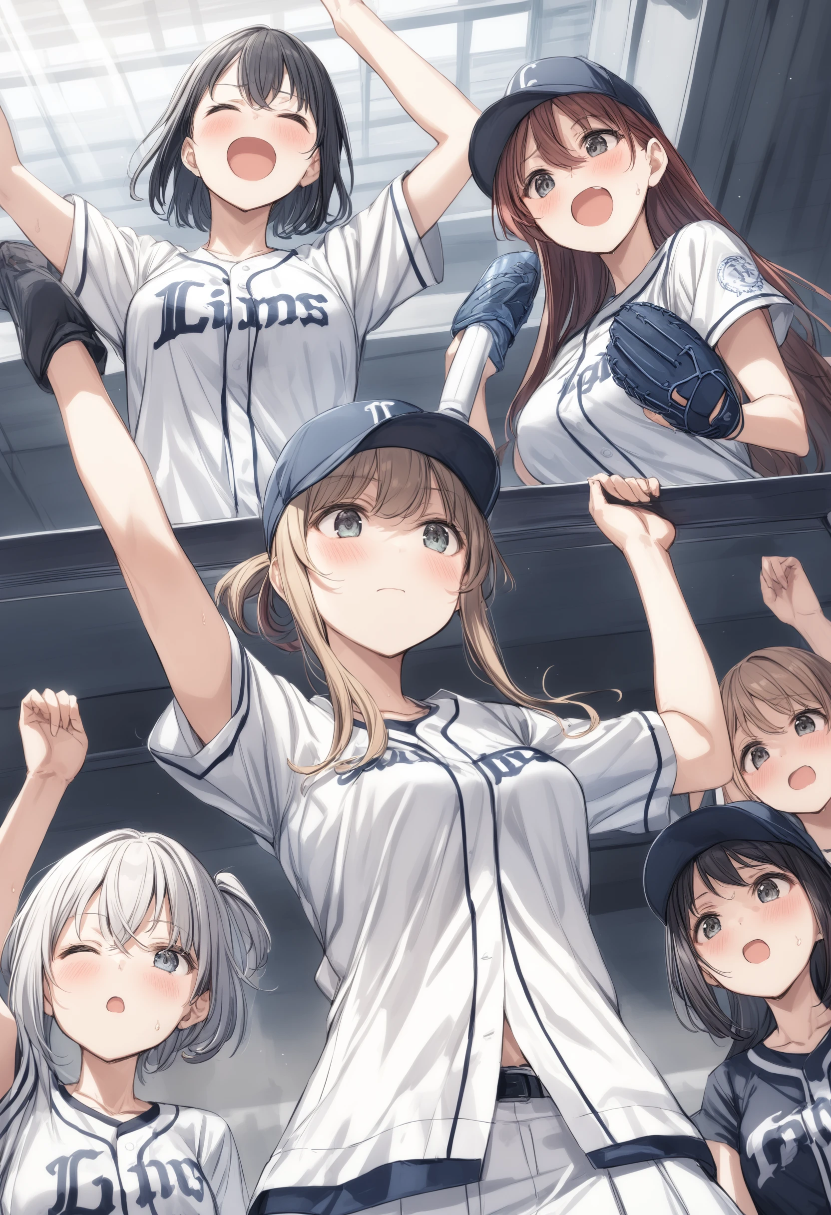 multiple girls, <lora:sdxl2-flat2-512b:-1>,medium breasts,
<lora:seibuXLv2:0.5>,seibu,baseball uniform, clothes writing, short sleeves,miniskirt, white jacket, open clothes, open jacket,shirt,cheering,
from below, upper body, looking ahead, troubled eyebrows, closed mouth,
best quality,medium quality,