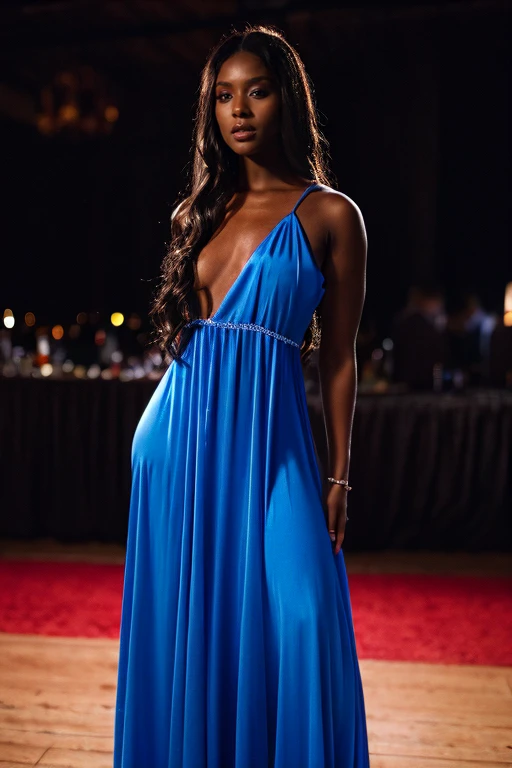 cinematic film still A photo of a beautiful woman, in a long dress, long hair, looking at viewer, on the dance floor, vibrant background, dark skin, <lora:Realistic_Ebony_Plus:1> . shallow depth of field, vignette, highly detailed, high budget, bokeh, cinemascope, moody, epic, gorgeous, film grain, grainy