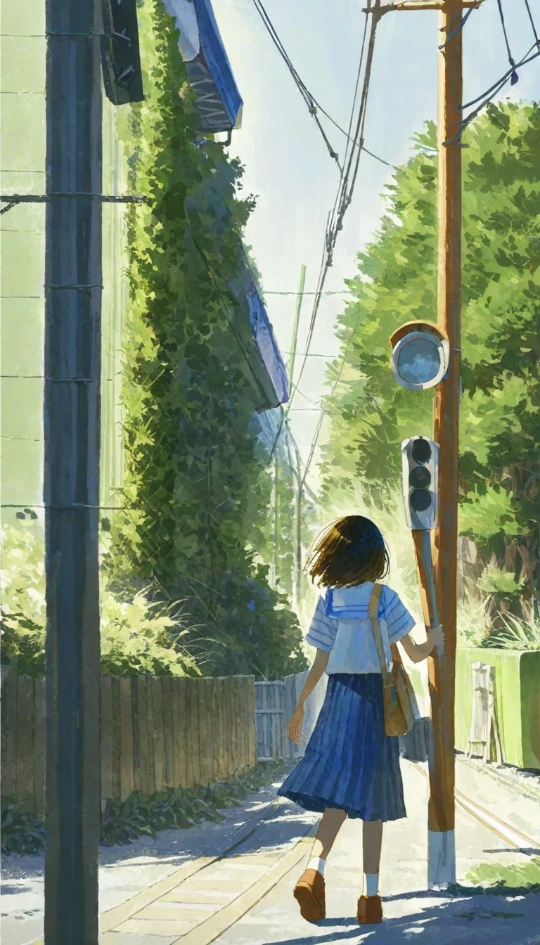 painting of a woman walking down a street with a train in the background, makoto shinkai art style, makoto shinkai. high detail, style of makoto shinkai, by makoto shinkai, by Makoto Shinkai, trending on art-station, trending on art - station, makoto shinkai. âh 2160,<lora:ãµããã:1>,, masterpiece, best quality,