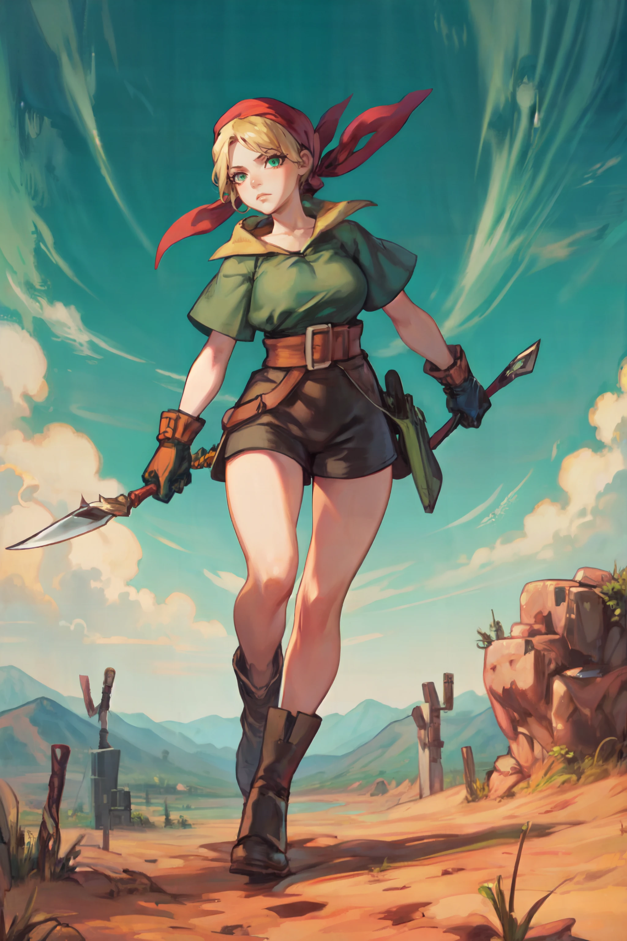 (masterpiece, best quality, ultra detailed, beautiful illustration), atmospheric perspective, depth of field, beautiful detailed eyes, anime eyes:1.4, looking at the viewer, (full body), fighting stance, dynamic angle, (outdoors, desert), 1girl, frown, (huge breasts), ThiefFFT, short hair, blonde hair, bandana, green shirt, belt, brown shorts, gloves, boots, <lora:FinalFantasy_FemaleThief:0.9>,  <lora:UnlimitedBladeWorks1.6:0.8>,  Knife, holding, weapon, holding weapon,