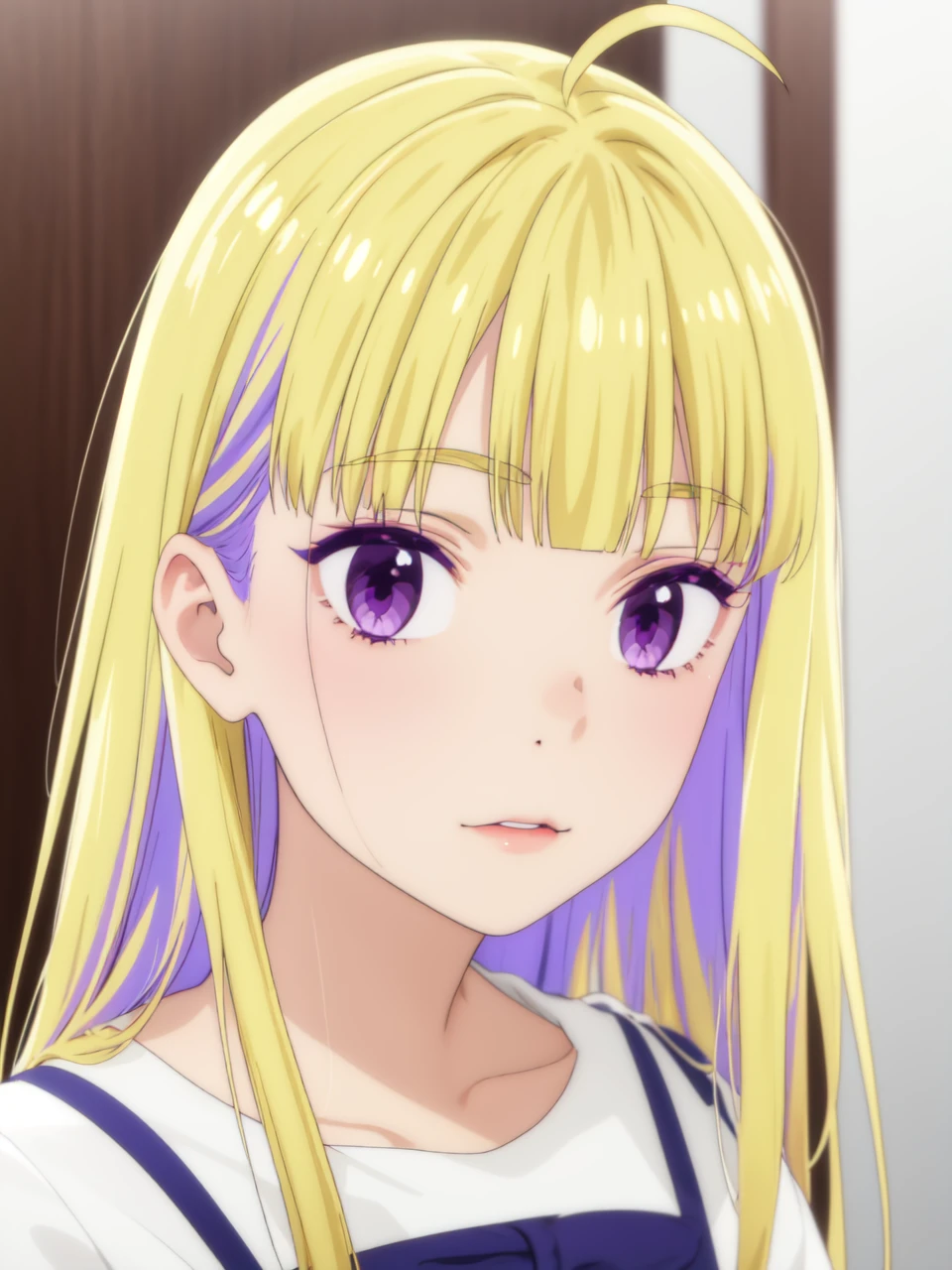 masterpiece, best quality,
 <lora:reimi itsushiro s1-lora-nochekaiser:1> reimi itsushiro, long hair, bangs, blonde hair, (purple eyes:1.1), purple hair, ahoge, multicolored hair, blunt bangs, two-tone hair,