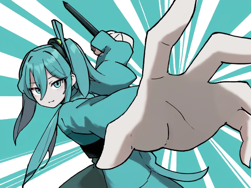 <lora:xl_pepe_punch_(meme)_base-000034:1>,pepe punch pose,looking at viewer,hatsune miku,