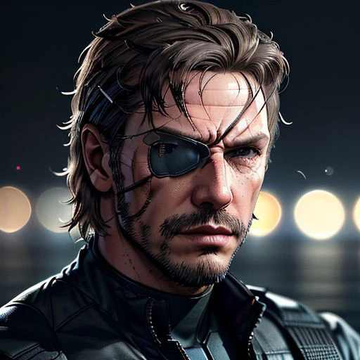 (1 image only), solo male, 1boy, Big Boss, Metal Gear Solid, bslue eyes, brown hair, facial hair, (single eyepatch:1.2), (grey wide head band),  (exposed hair:1.3), clothing, handsome, mature, charming, alluring, portrait, upper body in frame, perfect anatomy, perfect proportions, 8k, HQ, (best quality:1.2, hyperrealistic:1.2, photorealistic:1.2, masterpiece:1.3, madly detailed photo:1.2), (hyper-realistic lifelike texture:1.2, realistic eyes:1.2), high_resolution, perfect eye pupil, dutch angle, dynamic, action, raining, night, (military base)