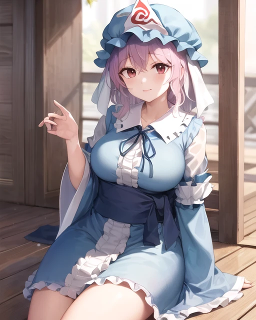 (masterpiece, best quality, high quality, highres, ultra-detailed), 1girl, solo, <lora:Yuyuko_TH7-000004:0.3>, saigyouji yuyuko, medium breasts, sitting, wooden floor, lap pillow,