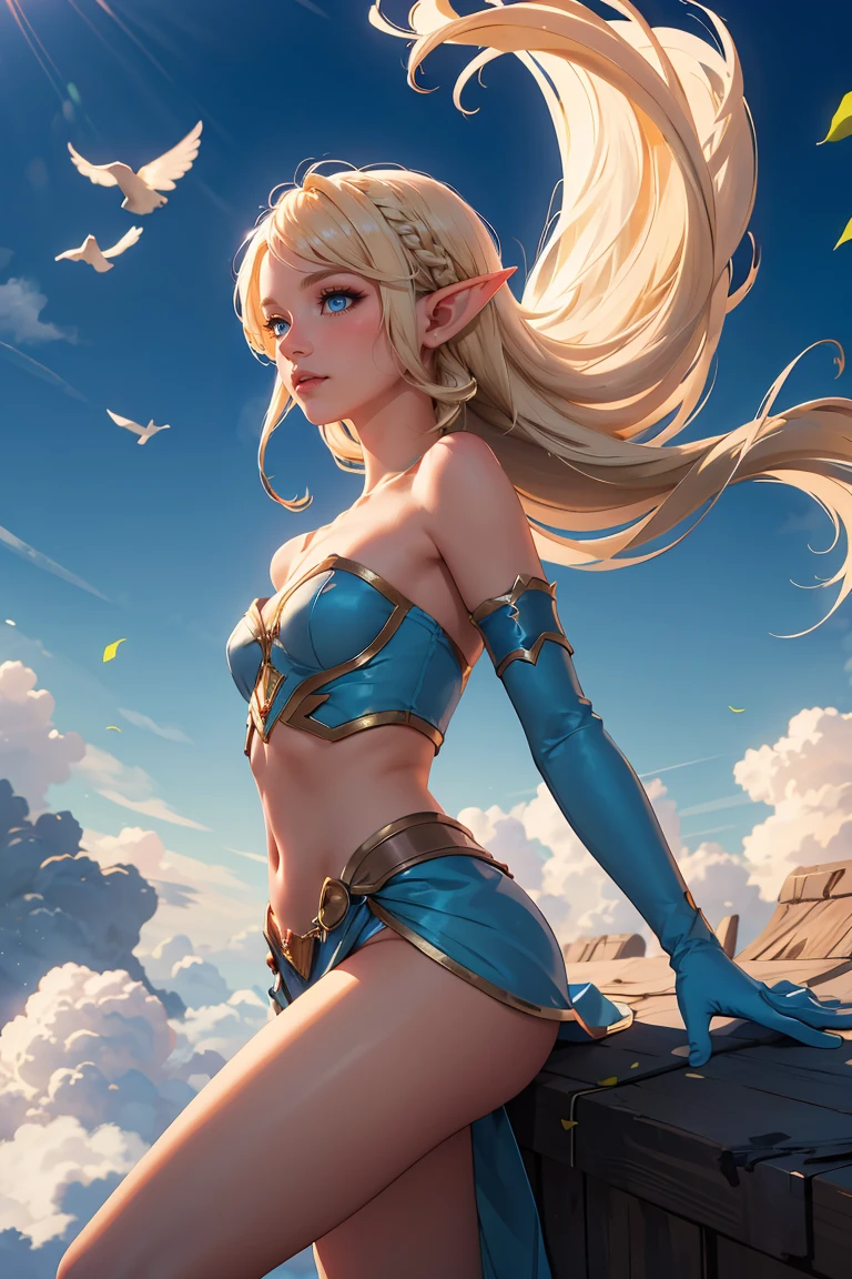 masterpiece, best quality, Ray tracing, hdr, volumetric lighting,
1girl,
 <lora:Janna_Classic_LeagueOfLegends_FefaAIart:0.8>, janna, elf ears, blue eyes, blonde hair, floating hair,
flying, blue sky, at sky, clouds, 
elbow gloves, bare shoulders,