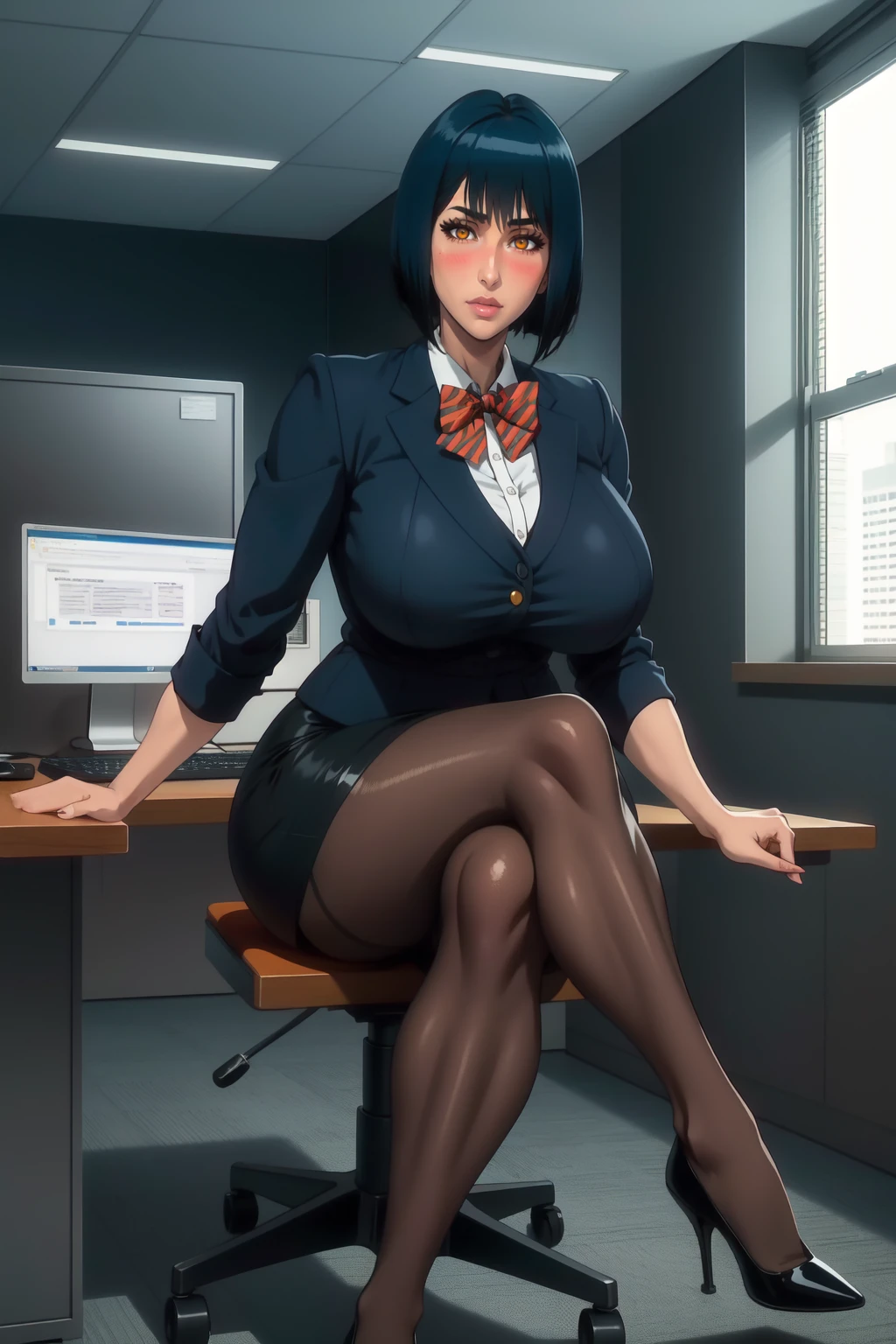 highres, high quality, masterpiece, intricate details, cinematic lighting,
NikaidoManami, 1girl,  full body, sitting, sitting on chair, (crossed legs:1.1), office chair, office lady,  (hand on table:1), 
looking at looking at viewer, blush, determined, 
yellow eyes, black hair, blue hair, short hair, bob cut,  
skirt suit, pencil skirt, miniskirt, high heels, pantyhose, bowtie, 
curvy,  large breasts, thighs,
indoors, office, table, computer,  window, day,
<lora:NikaidoManami:0.95>